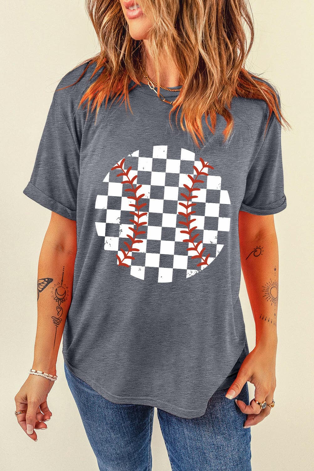 Checkered Graphic Round Neck Short Sleeve T-Shirt.