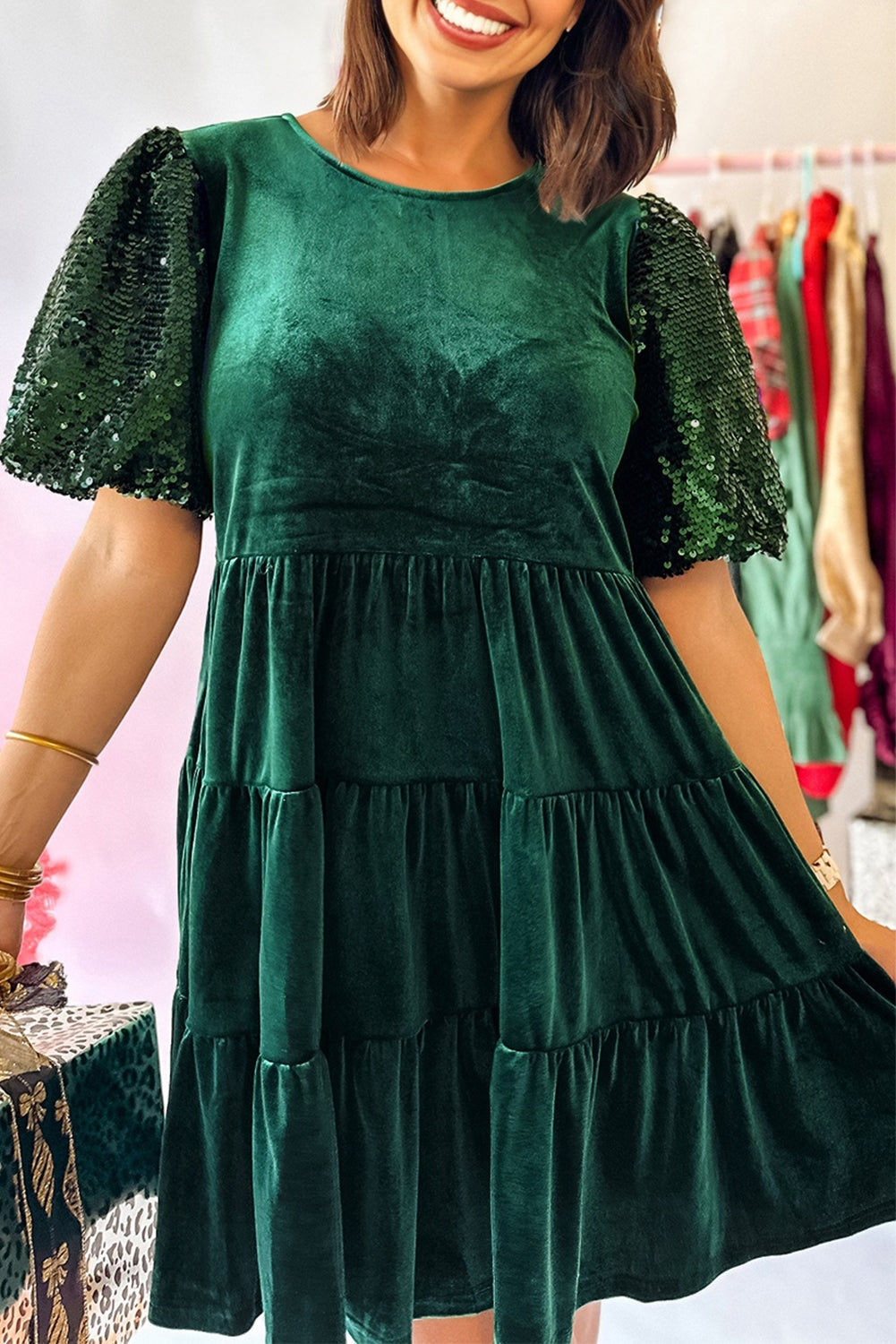 Evergreen Sequin Puff Sleeve High Waist Velvet Mini Dress Dear-Lover Dropshipping