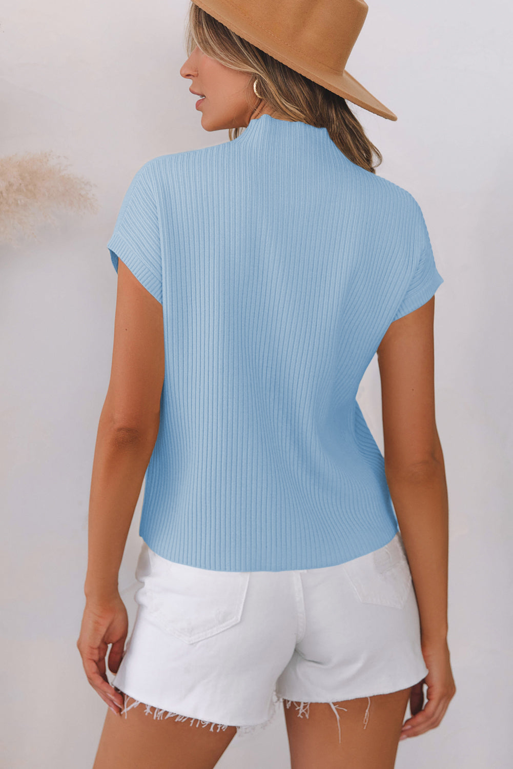 Beau Blue Patch Pocket Ribbed Knit Short Sleeve Sweater