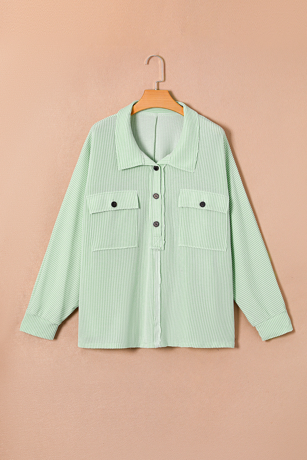 Chic green plus size ribbed henley top with pockets and long sleeves