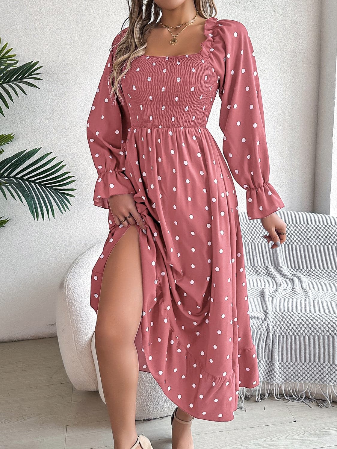 Polka Dot Flounce Sleeve Midi Dress.