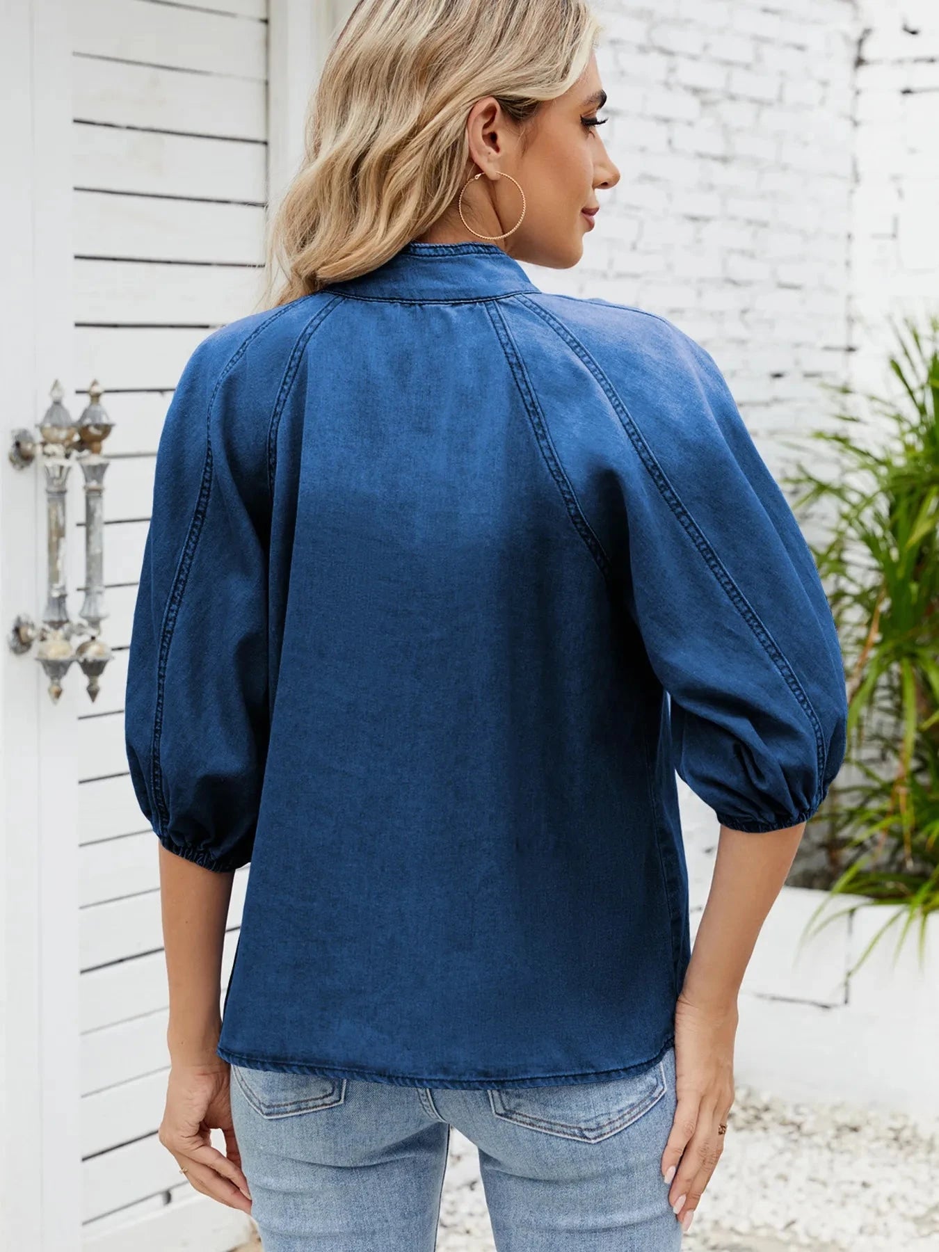 Denim Bow Tie Puff Sleeve Top Coco’s Tee Boutique