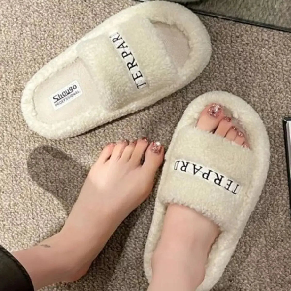 Fuzzy Plush Open Toe Slippers Simply Love