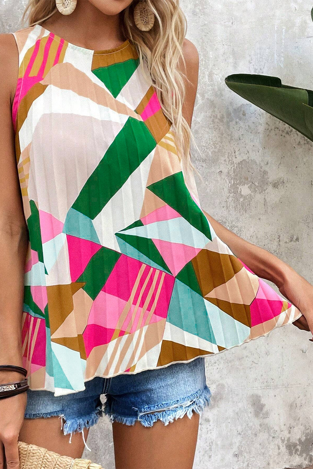 Vibrant geometric print pleated tank top for effortless style