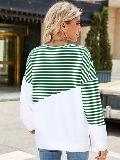 Slit Contrast Striped Long Sleeve Sweatshirt.