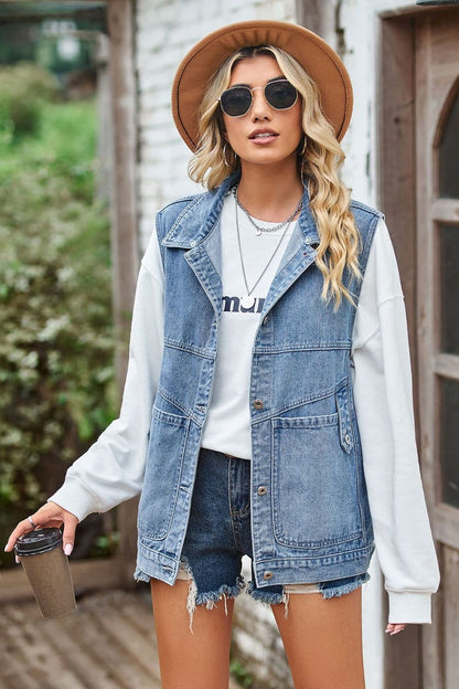 Sleeveless Denim Top with A Detachable Hood.