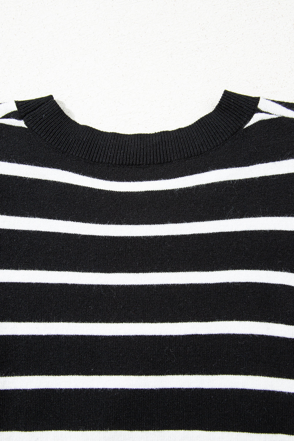 White Stripe Ribbed Trim Round Neck Bubble Sleeve Knitted Top - Love Salve 