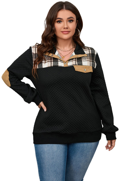 Cozy black plus size quilted plaid patch henley sweatshirt