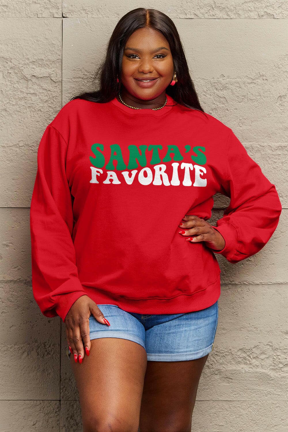 Simply Love Full Size SANTA'S FAVORITE Round Neck Sweatshirt.