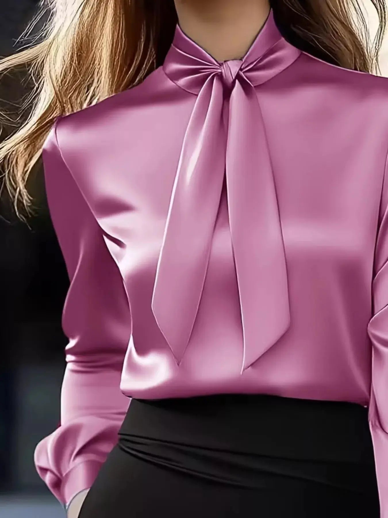Satin Bow Tie Long Sleeve Blouse Simply Love