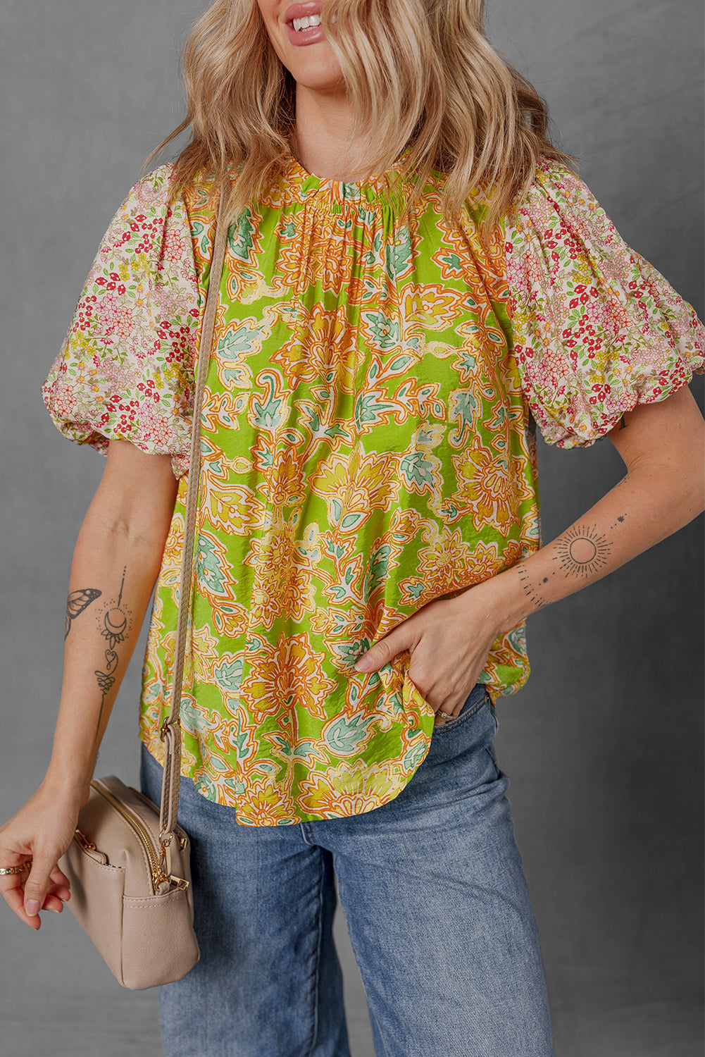 Multicolour Printed Contrast Bubble Sleeve Patchwork Blouse