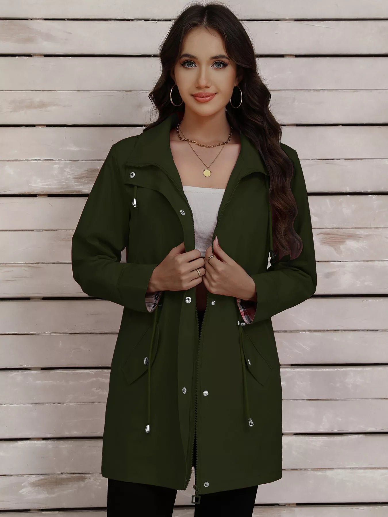 Drawstring Snap-Down Trench Coat Simply Love