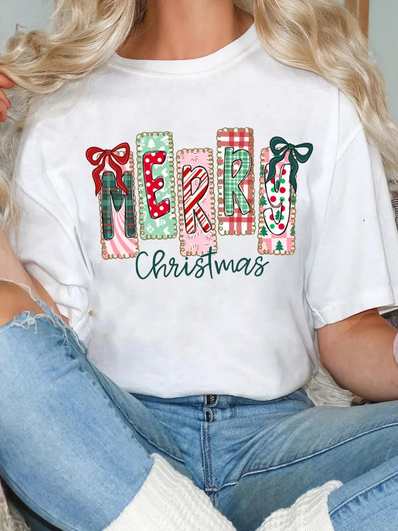 Merry Christmas Ribbon Bow Detail Holiday Graphic Tee Simply Love