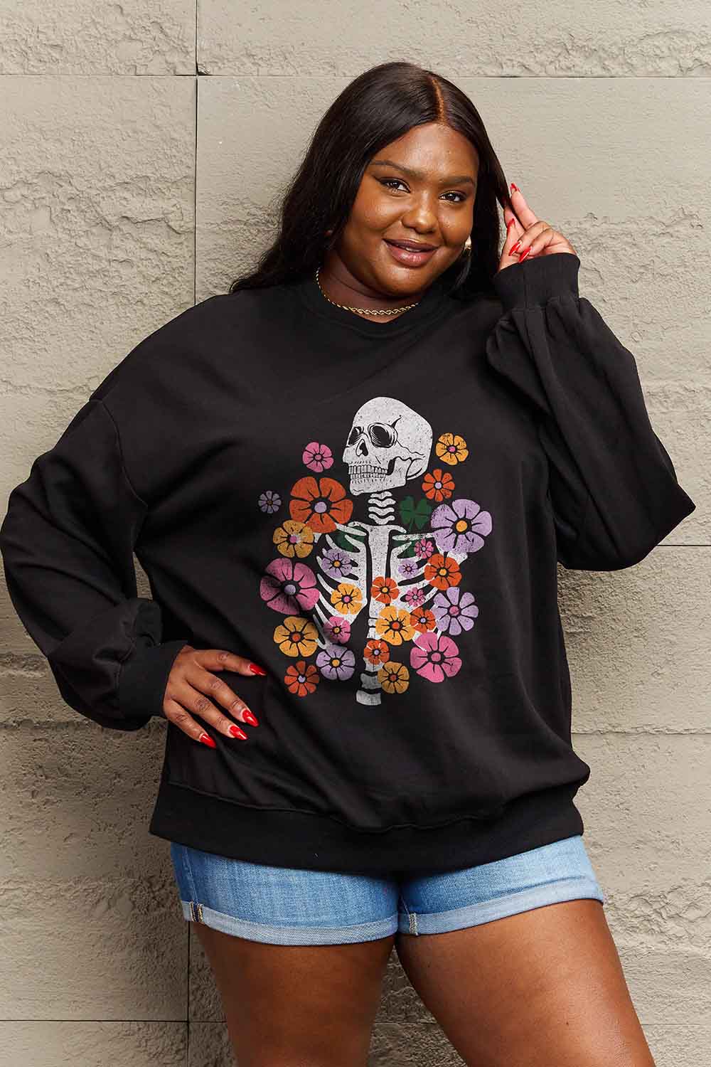 Floral skeleton graphic sweatshirt by Simply Love