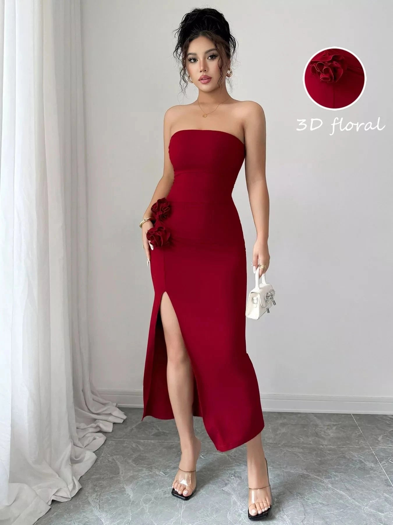 Front Split Strapless Dress with Floral Detail Coco’s Tee Boutique