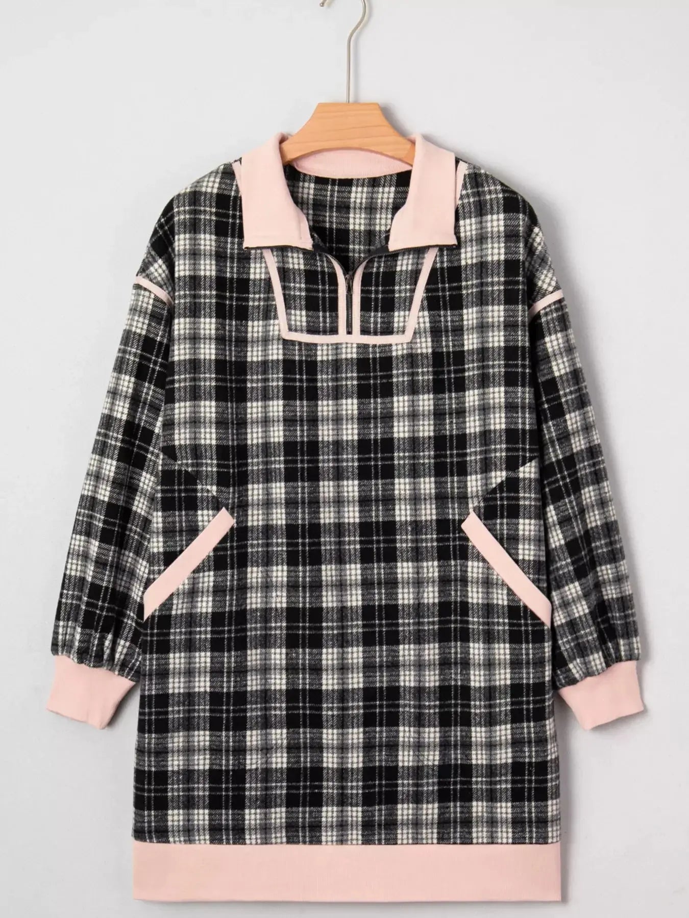 Plaid Polo Collar Zip up Contrast Trim Shift Long Sleeve Mini Dress Simply Love