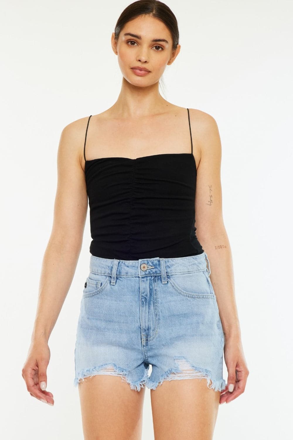 Kancan Raw Hem Distressed High Waist Denim Shorts.