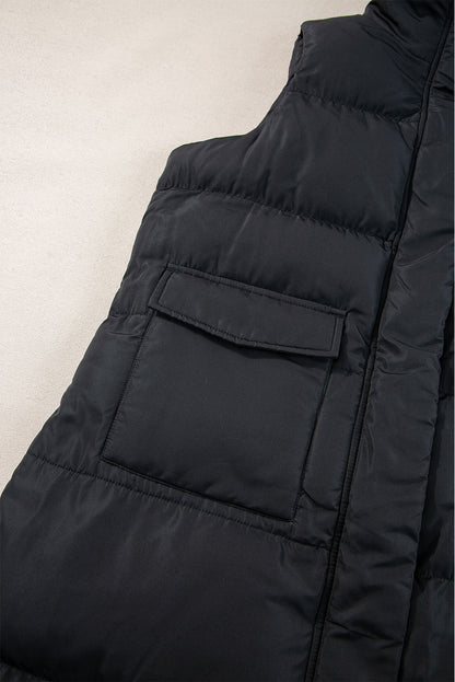 Stylish black longline windproof puffer vest with convenient pockets