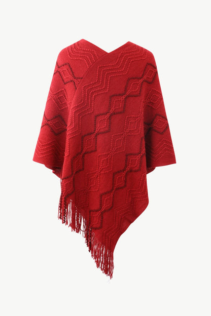 Pearl Trim V-Neck Fringe Hem Poncho.