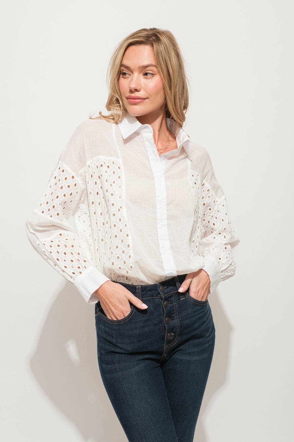 And The Why Eyelet Long Sleeve Button Down ShirtDiscover Timeless Elegance
 Indulge in sophistication with the And The Why Eyelet Long Sleeve Button Down Shirt. This exquisite shirt features intricate eyelet detaiLove Salve Eyelet Long Sleeve Buttonusa