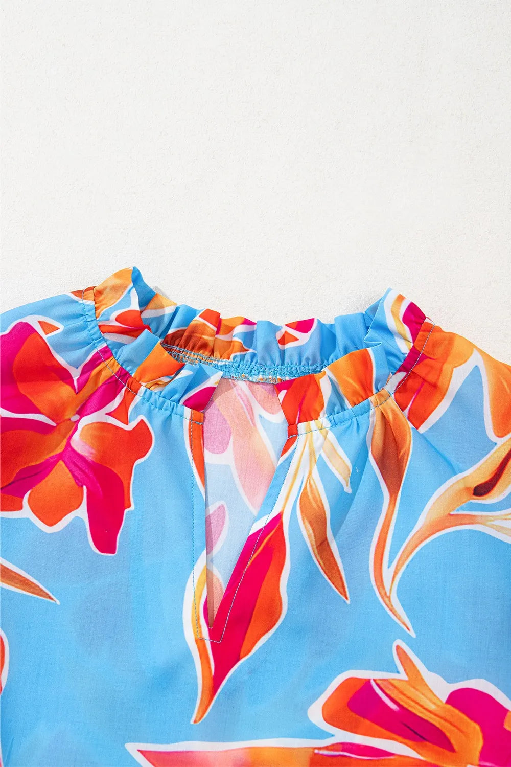 Floral Print Notched Pompom Trim Flutter Sleeve Blouse