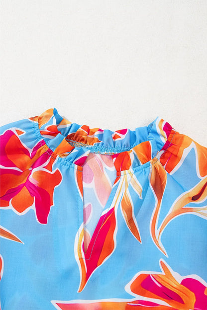 Floral Print Notched Pompom Trim Flutter Sleeve Blouse