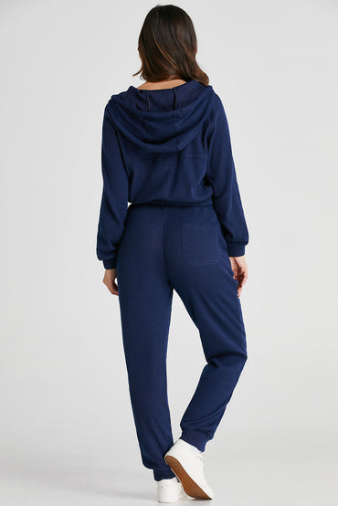 Chic navy blue ribbed knit cropped hoodie and jogger set