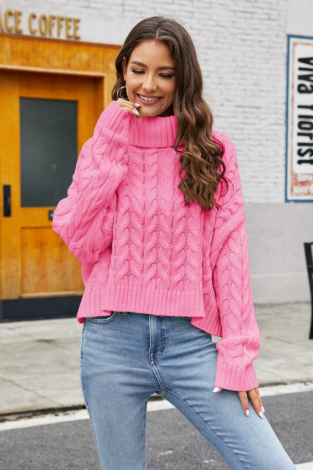 Turtleneck Cable-Knit  Long Sleeve Sweater.