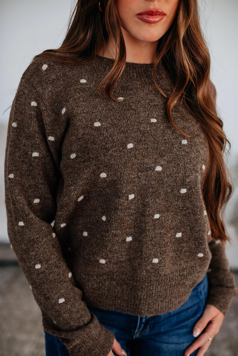 Coffee Dotted Print Knit Sweater Ribbed Edge Cozy Women Pullover Dear-Lover Dropshipping