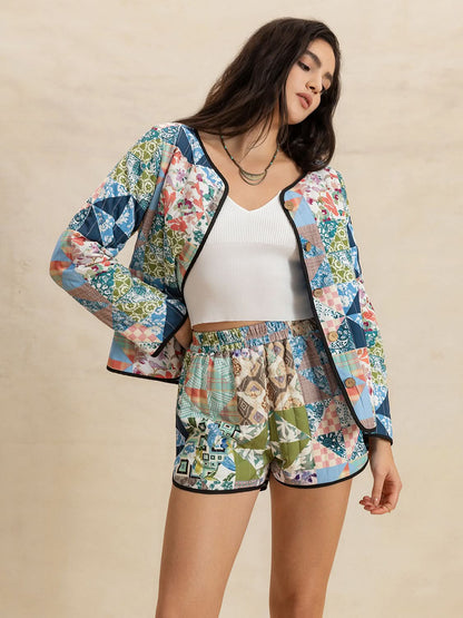 Chic Printed Button-Up Long Sleeve Top and Shorts Ensemble