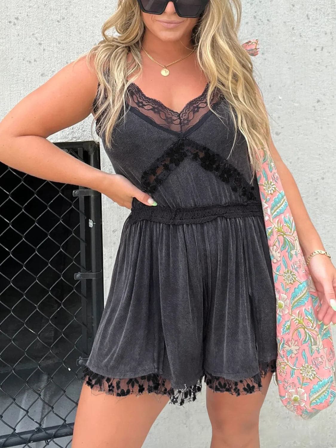 Full Size Lace Detail V-Neck Spaghetti Strap Romper.