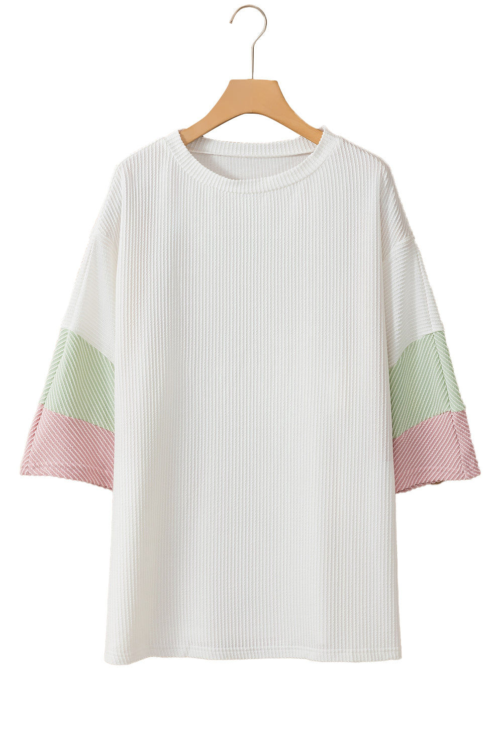 Chic white textured colorblock patchwork t-shirt for plus sizes