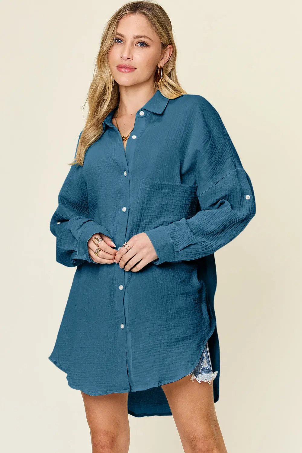 Double Take Full Size Pocketed Texture Button Up Shirt - Love Salve