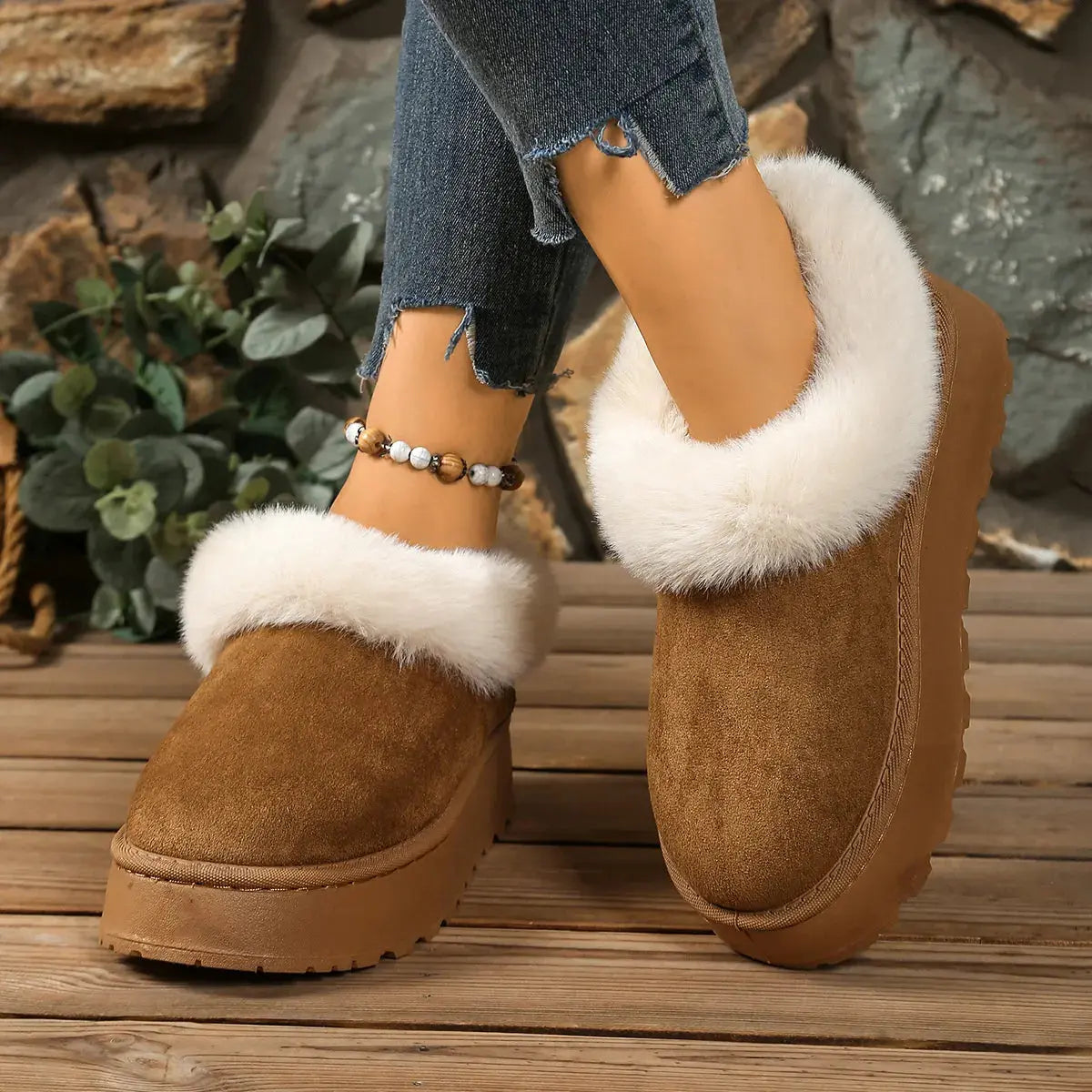 Fuzzy Trim Round Toe Platform Boots Simply Love