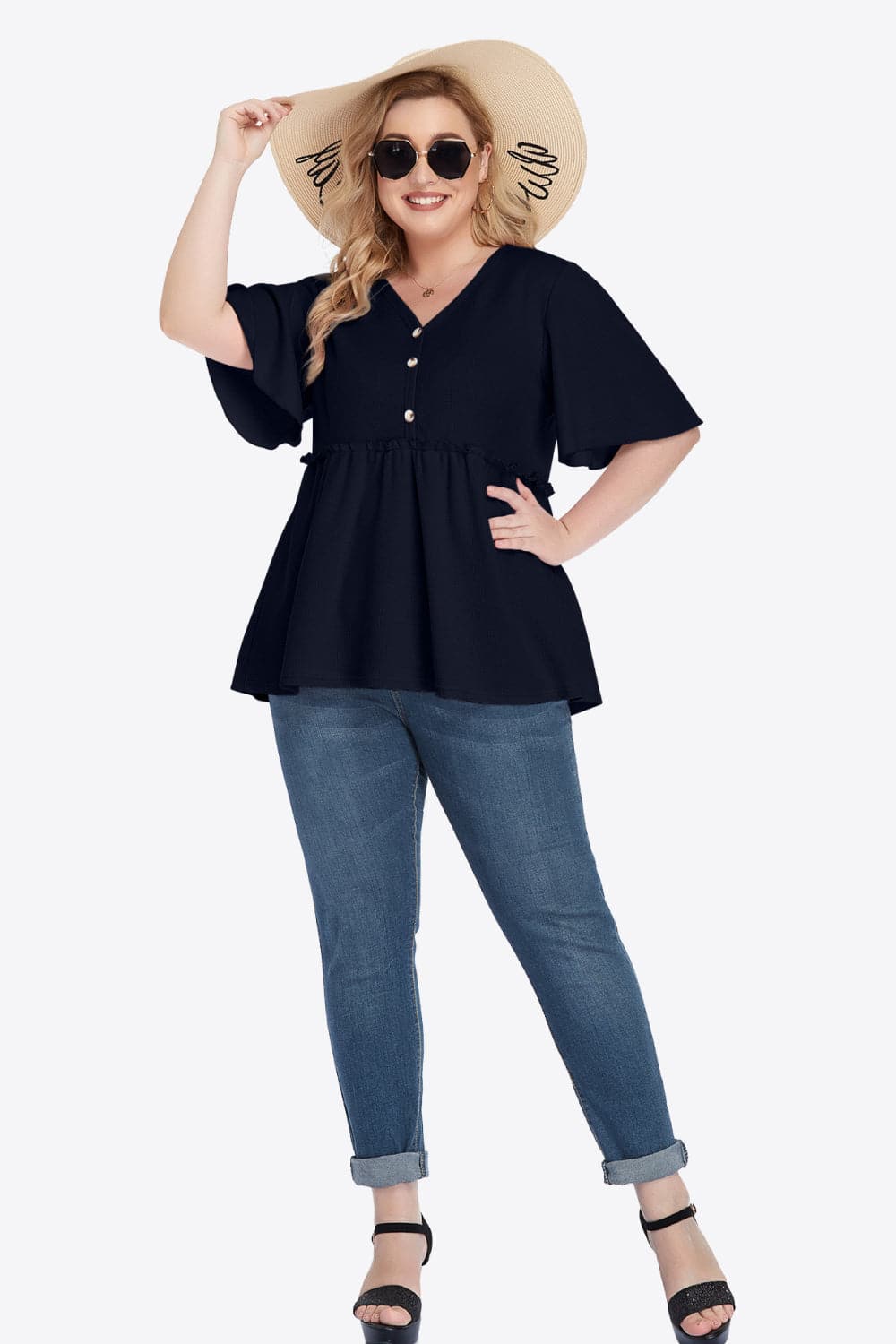 Plus Size Buttoned V-Neck Frill Trim Babydoll Blouse.