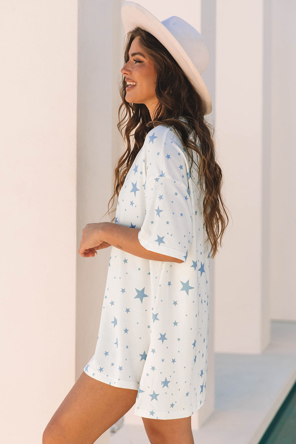 Sky Blue Stars Print Drop Shoulder Oversized T Shirt