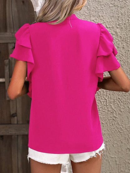 Ruffled Notched Short Sleeve Blouse.