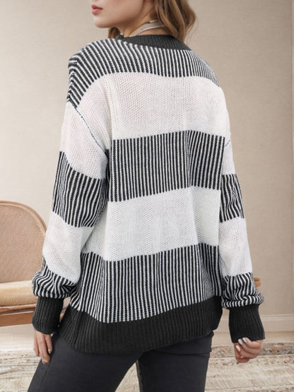 Chic striped long sleeve sweater with round neck