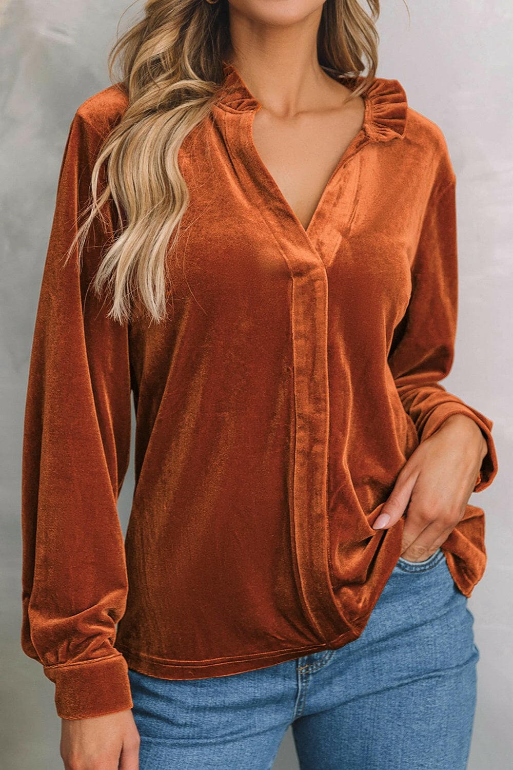 Notched Frill Detail Long Sleeve Blouse.