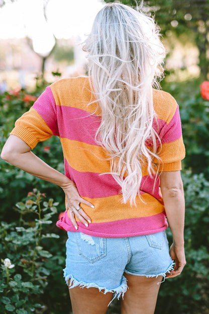 Color Block Round Neck Short Sleeve Knit Top.