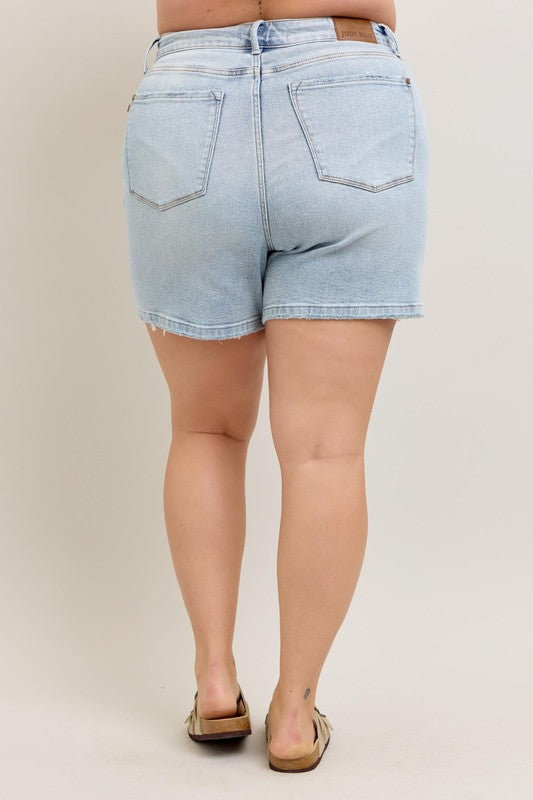 Judy Blue Full Size Frayed Hem High Rise Denim Shorts with Pockets Plus Size Coco’s Tee Boutique