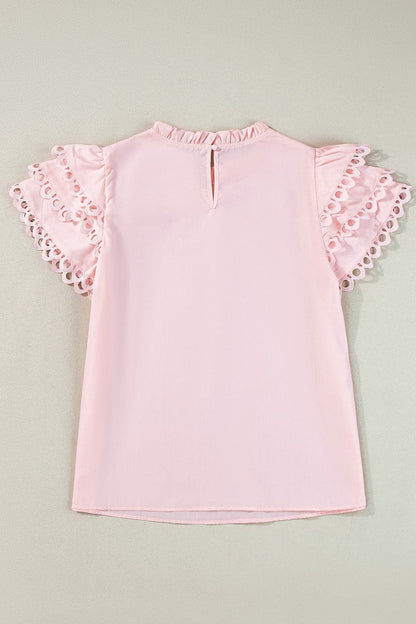 Ruffled Eyelet Round Neck Cap Sleeve Blouse.