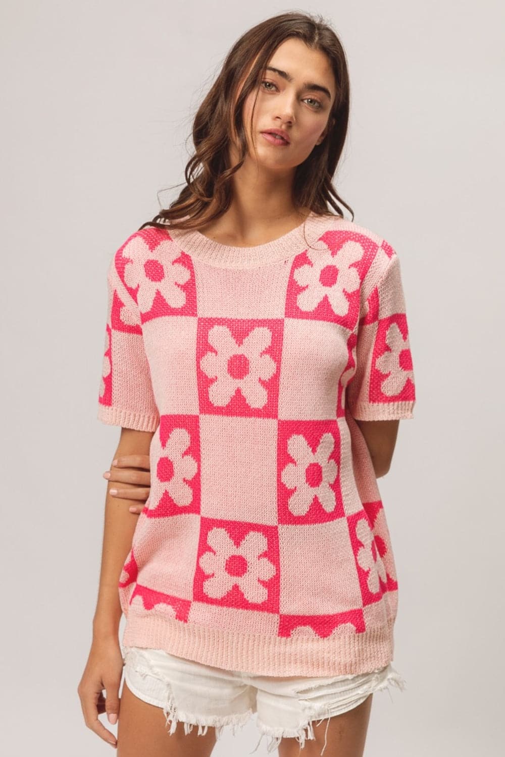 BiBi Flower Checker Pattern Short Sleeve Sweater.