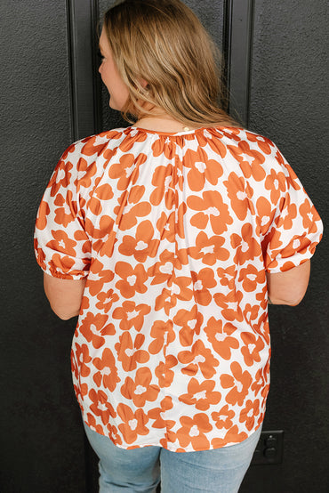 Floral Delight: Plus Size Orange V Neck Blouse with Drawstring Detail