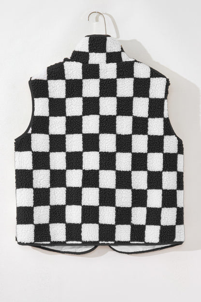 Black Checkered Sherpa Collared Jacket Vest