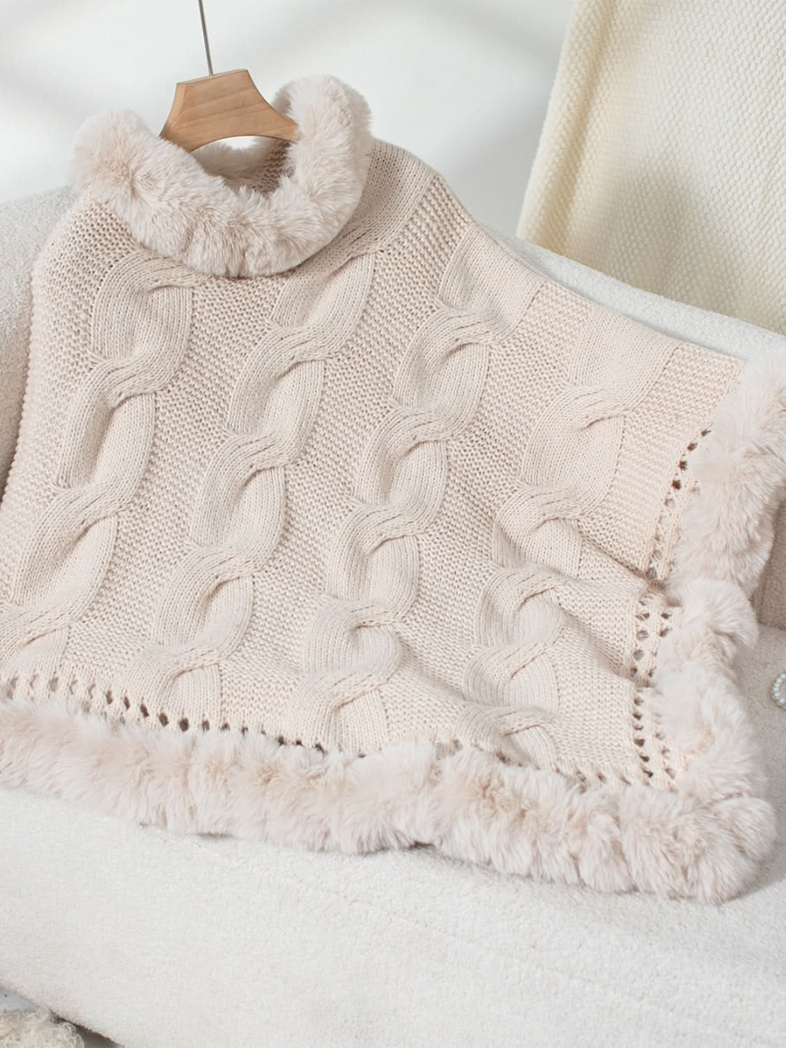 Cozy Cable-Knit Fuzzy Hem Poncho