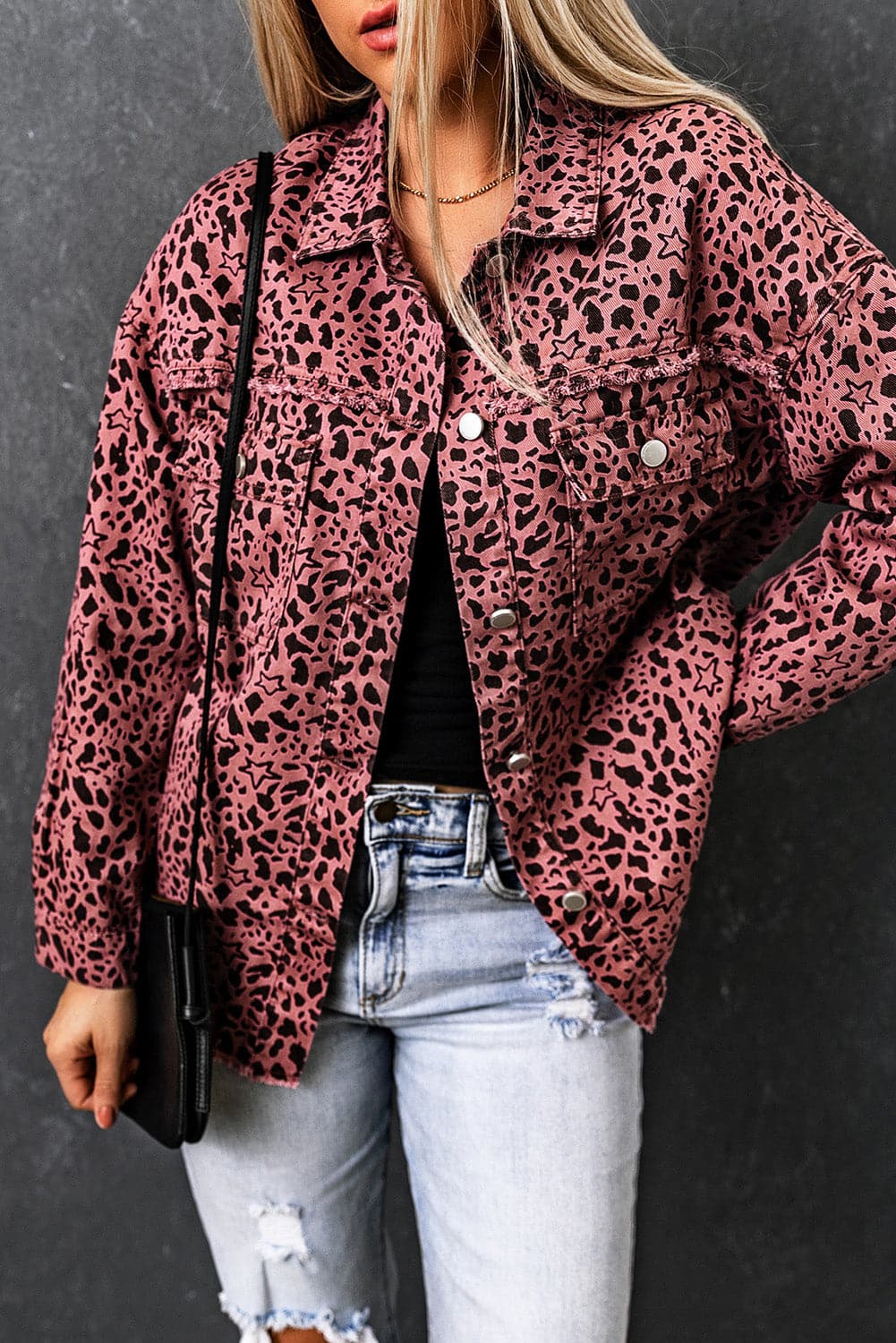 Leopard Raw Hem Button Up Denim Jacket.