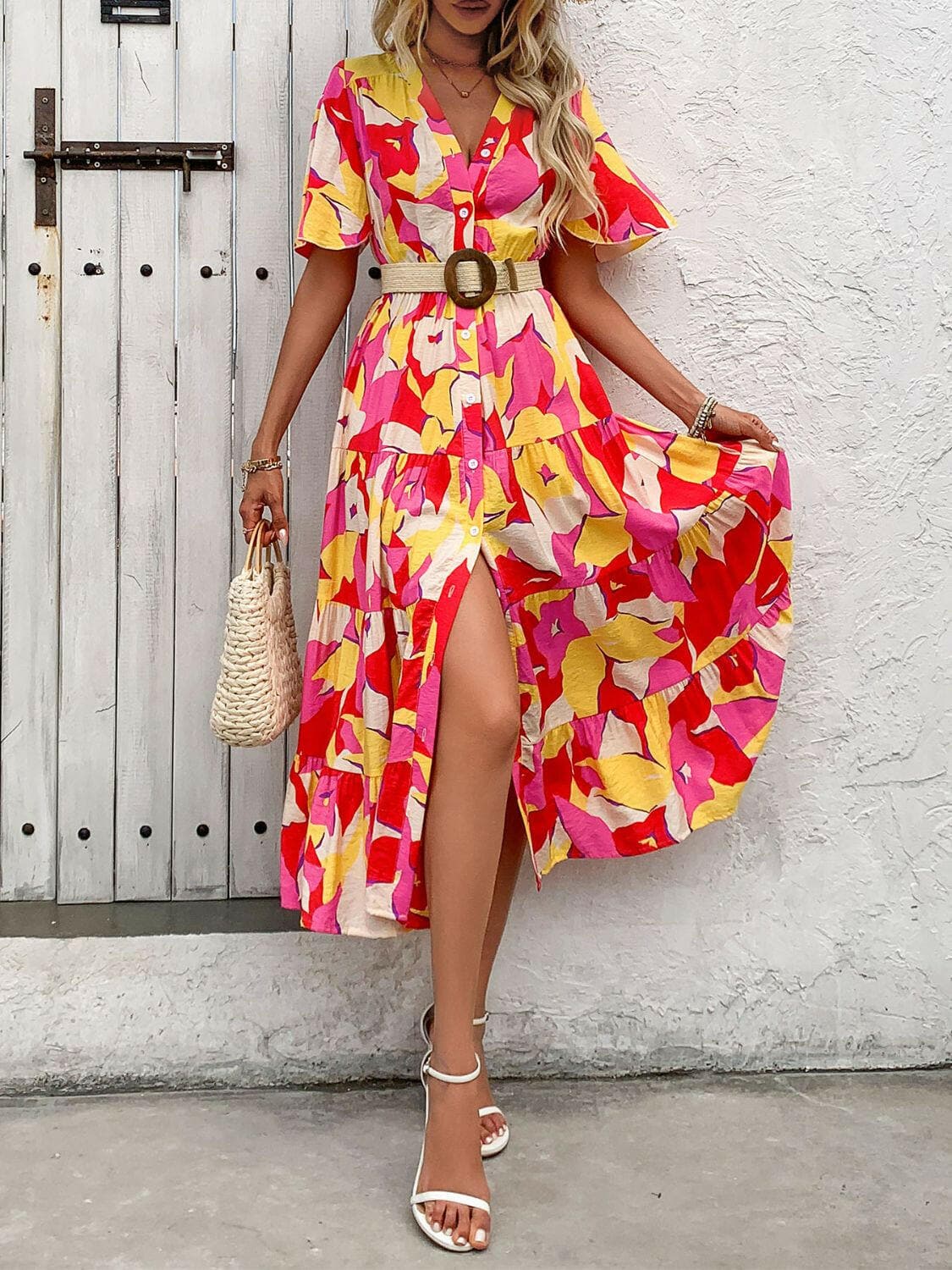 Printed V-Neck Flutter Sleeve Midi Dress.