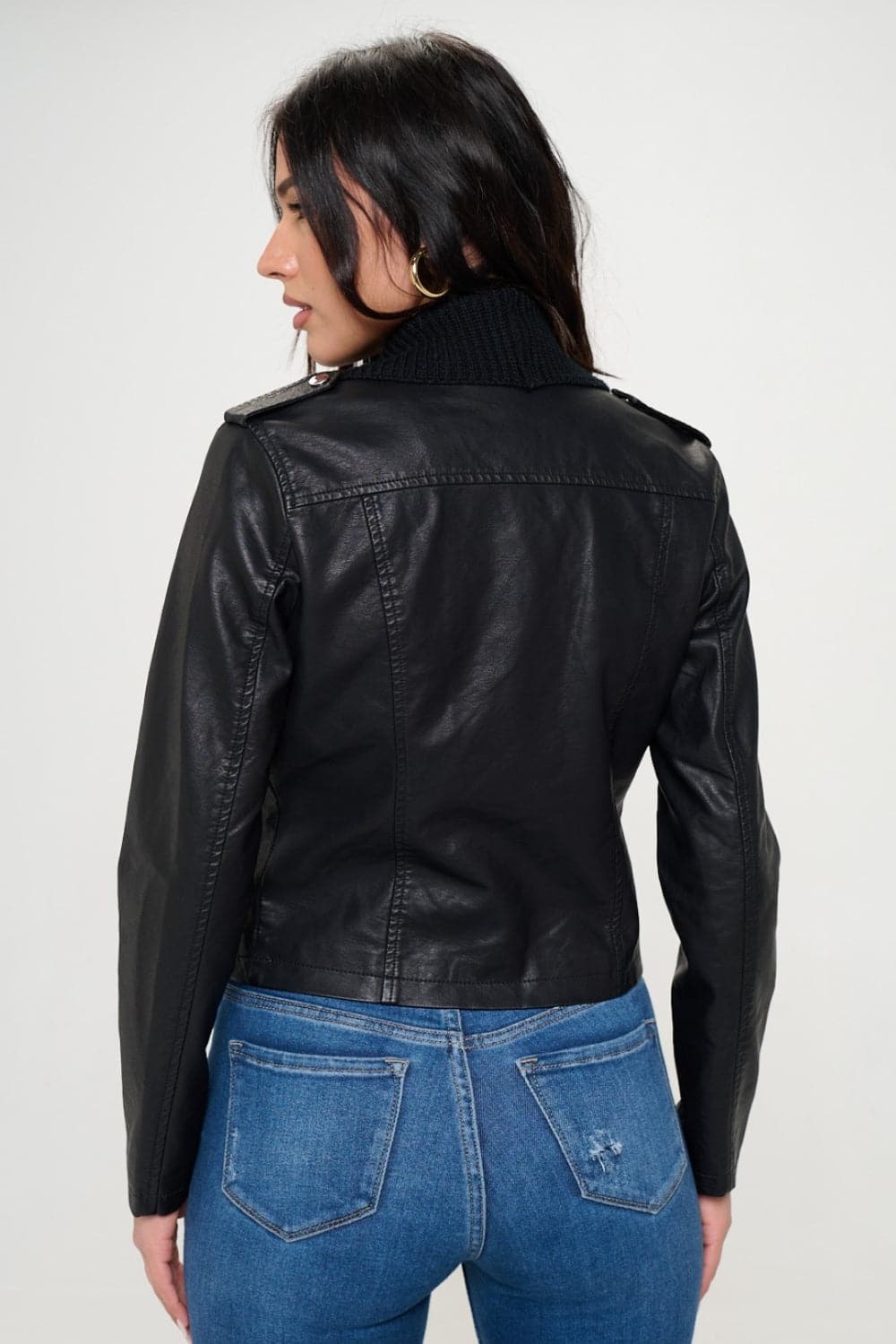 Knit-collared vegan leather crop jacket