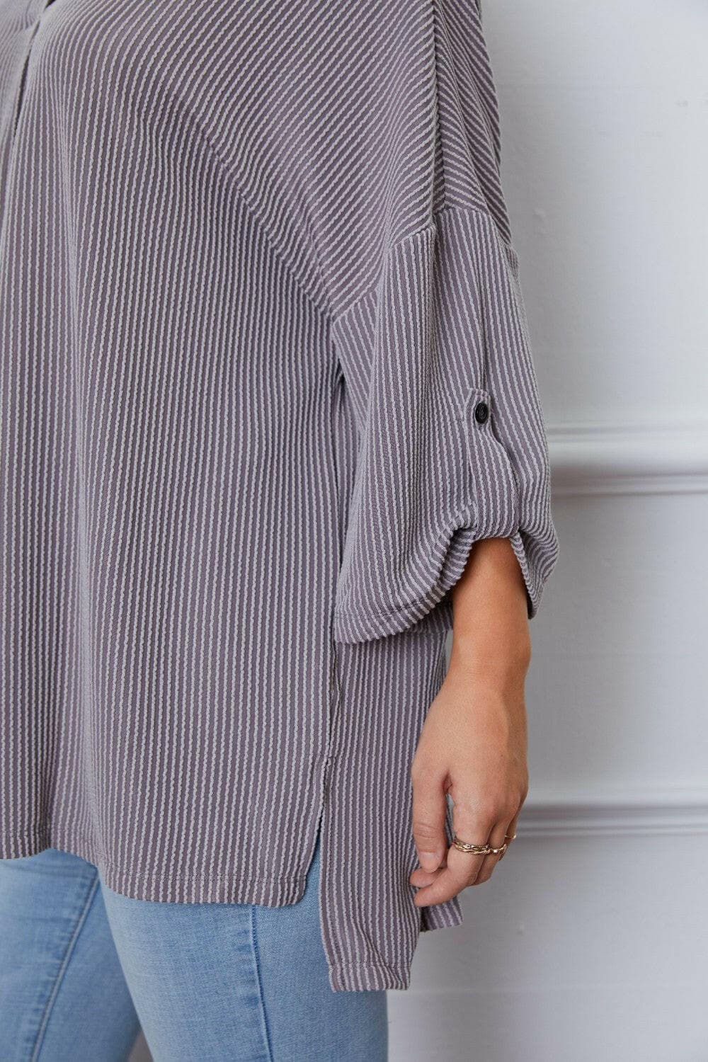 Notched Roll-Tab Sleeve Blouse.